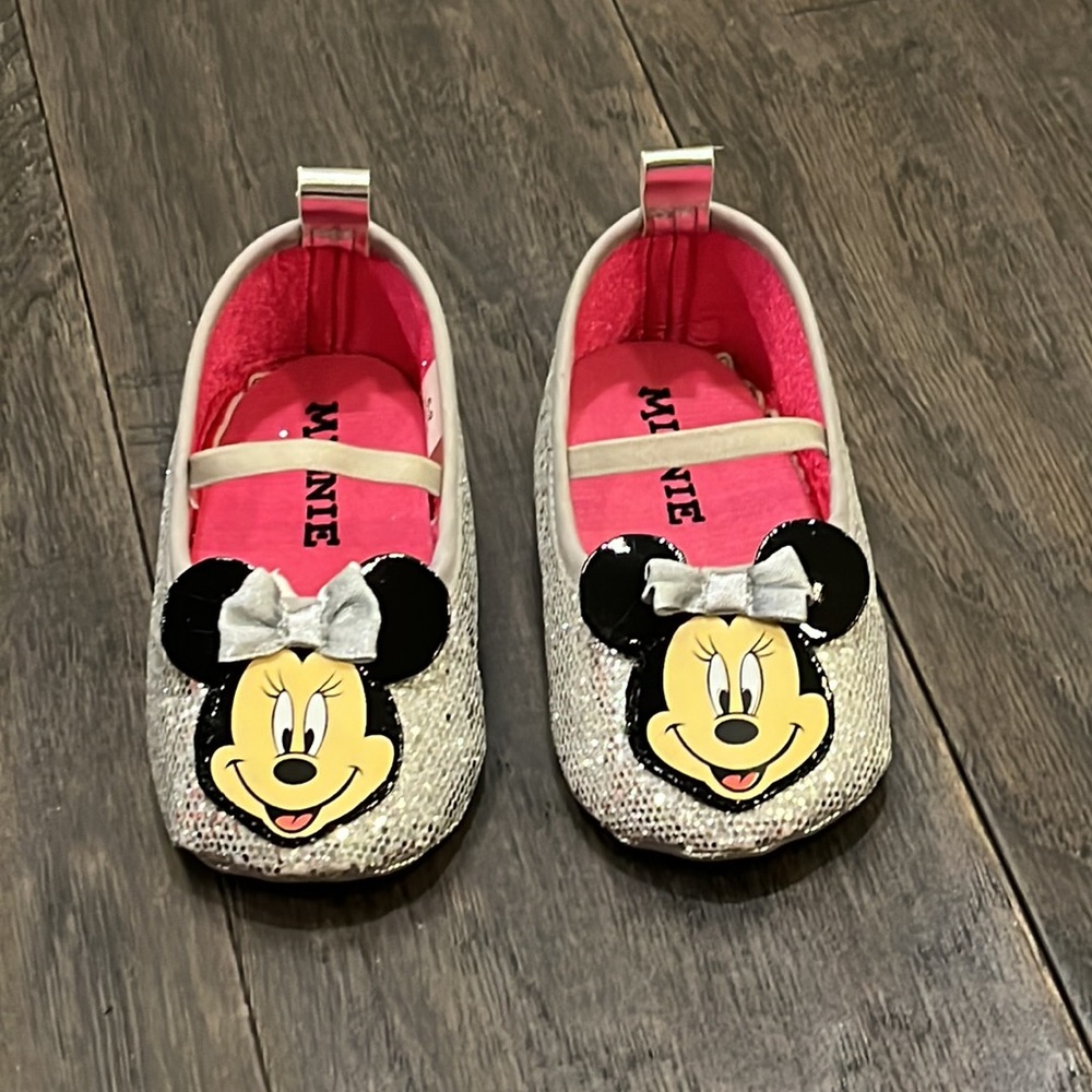 Disney Minnie Mouse maryjane Mary Jane Crib Shoes silver Baby Infant Girl 6-9 mo